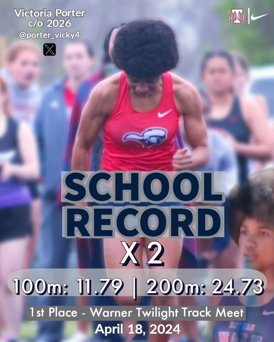 🚨School Record ALERT!🚨 Congratulations to @porter_vicky4  on breaking 2 school records last night! Previous records were: 11.88 (2008) and 24.78 (2010).
#GoRangers #TrackAndField #NikeRunning #DevelopedHere #HaleYeah #OKPreps