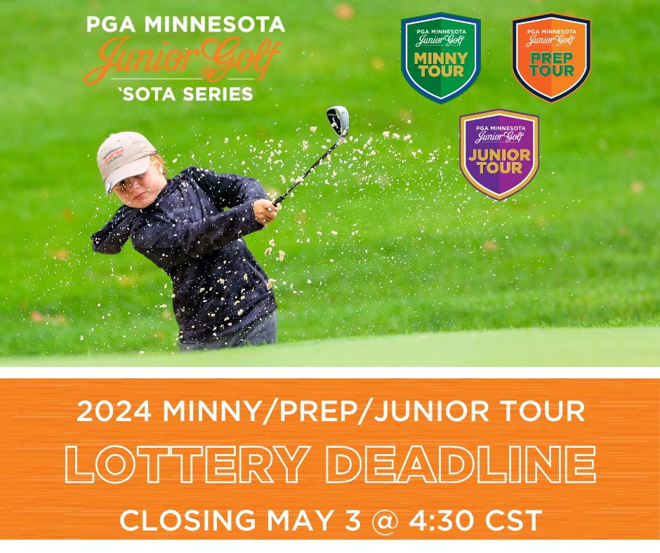Reminder to ALL 2024 'Sota Series Tour members! The lottery for Minny, Prep, and Junior Tour events will be closing MAY 3 at 4:30 CST. Make sure you log in to your BlueGolf account today and select the tournaments you would like to participate in for this upcoming summer season!
