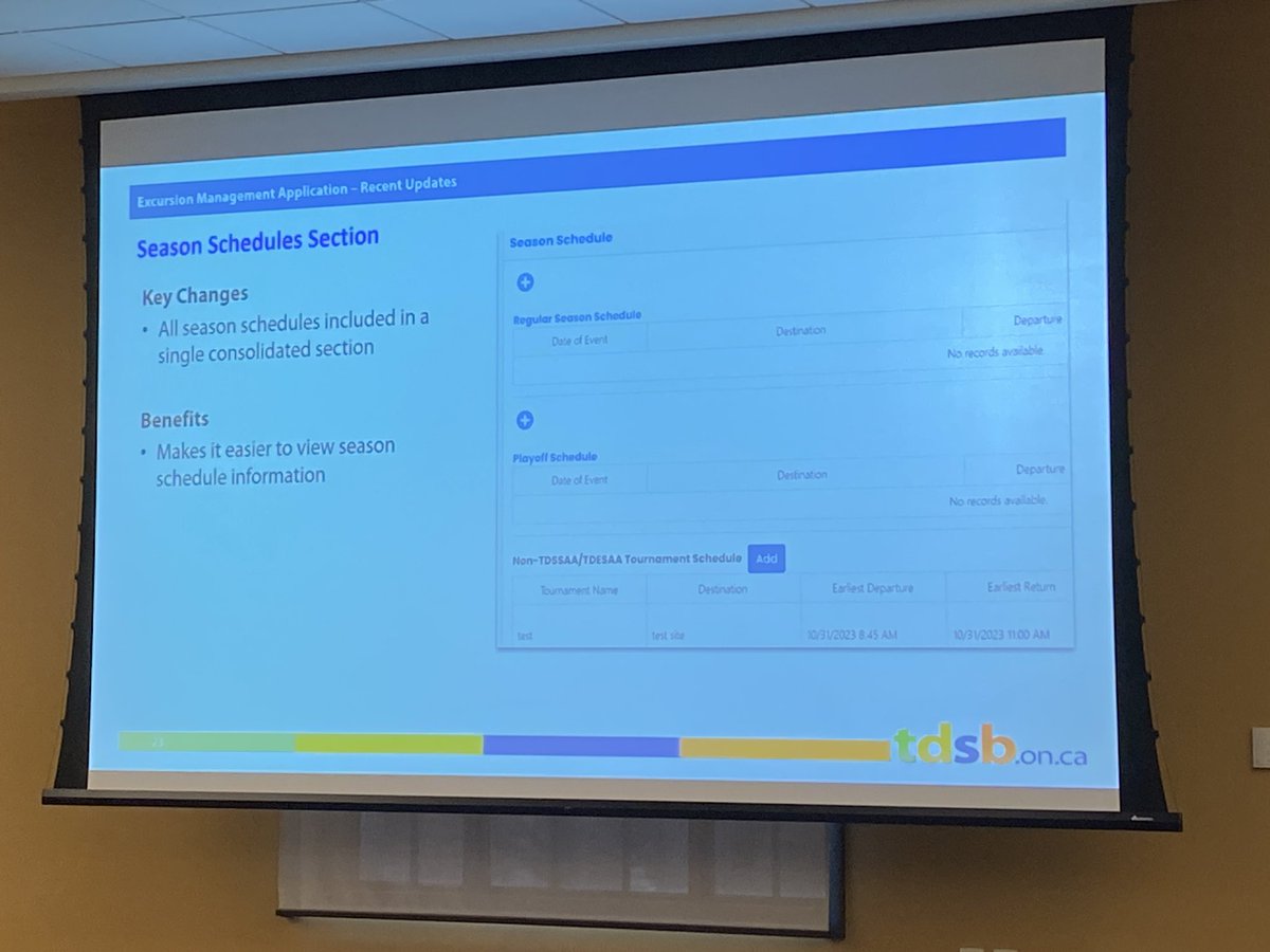 Excursions Management App will soon include Sports team management as well! Anthony Knight from IT Services presents updates to EMA at #tdsbUL24 @TDSB_Anthony