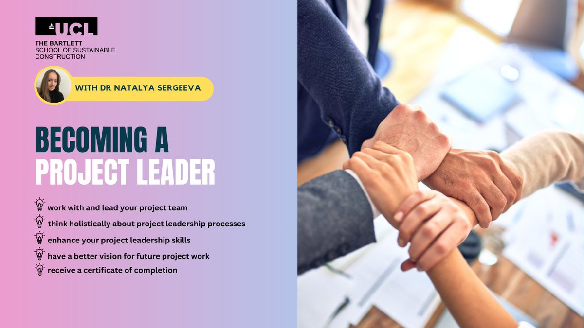 The Bartlett School of Sustainable Construction (@ucl_bssc) on Twitter photo Looking to develop your #project leadership skills?
Register now for the online short course 'Becoming a Project Leader' with UCL expert <a href="/natalenok/">Natalya Sergeeva</a> starting on Monday 22 April 2024. Other dates available in June and September.
Find out more and apply: ucl.ac.uk/short-courses/… Looking to develop your #project leadership skills?
Register now for the online short course 'Becoming a Project Leader' with UCL expert <a href="/natalenok/">Natalya Sergeeva</a> starting on Monday 22 April 2024. Other dates available in June and September.
Find out more and apply: ucl.ac.uk/short-courses/…