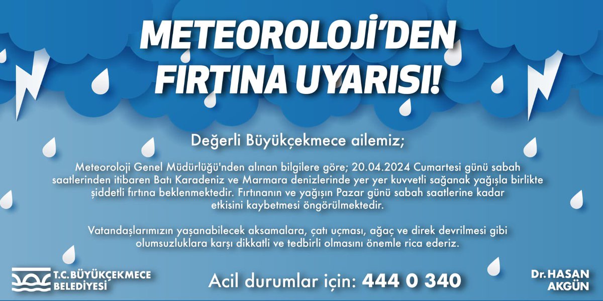 METEOROLOJİ’DEN FIRTINA UYARISI! Meteoroloji Genel Müdürlüğü'nden alınan bilgilere göre; 20.04.2024 Cumartesi günü sabah saatlerinden itibaren Batı Karadeniz ve Marmara denizlerinde yer yer kuvvetli sağanak yağışla birlikte şiddetli fırtına beklenmektedir. Fırtınanın ve yağışın…