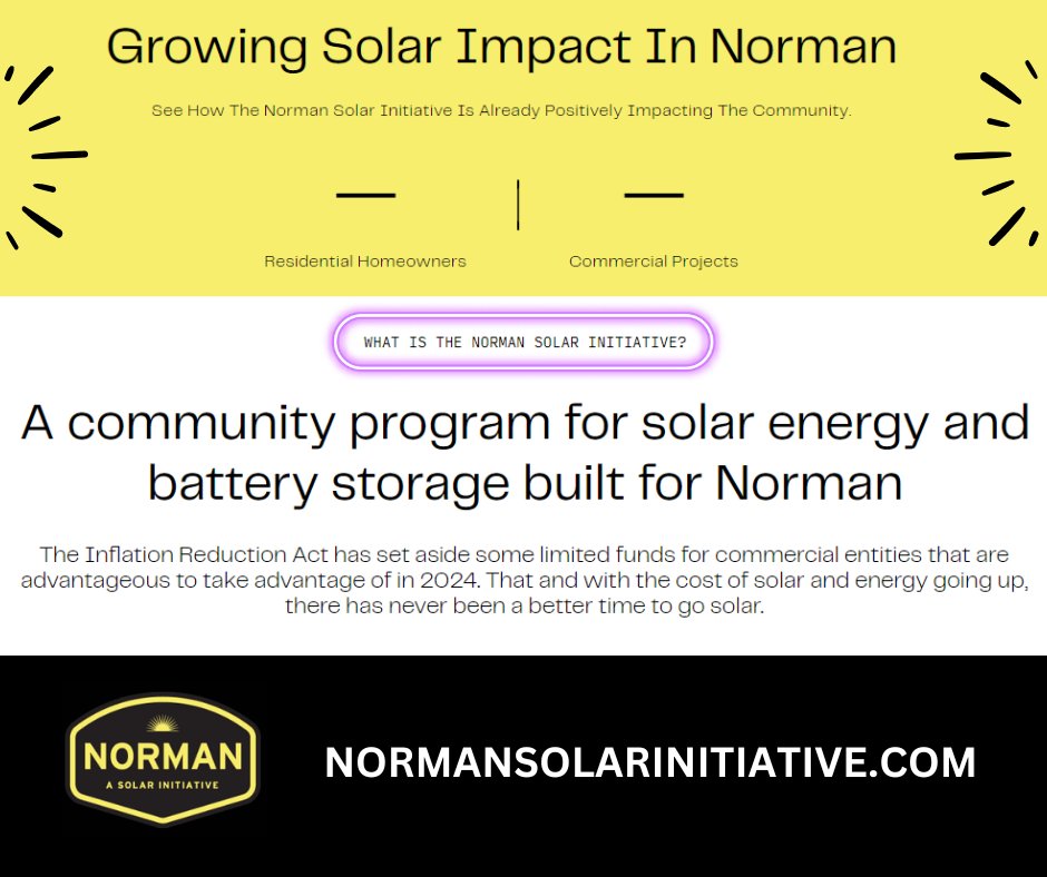 cityofnormanok's tweet photo. Have you explored going solar?

The Norman Solar Initiative launched April 3 and will run through August 31! Any Norman business, homeowner or nonprofit qualifies for this initiative. LEARN MORE: https://t.co/qrZ6zdGw8u

#NormanOk #OurSolarInitiative #CommunityCollaborations https://t.co/YrVYKd9AKM