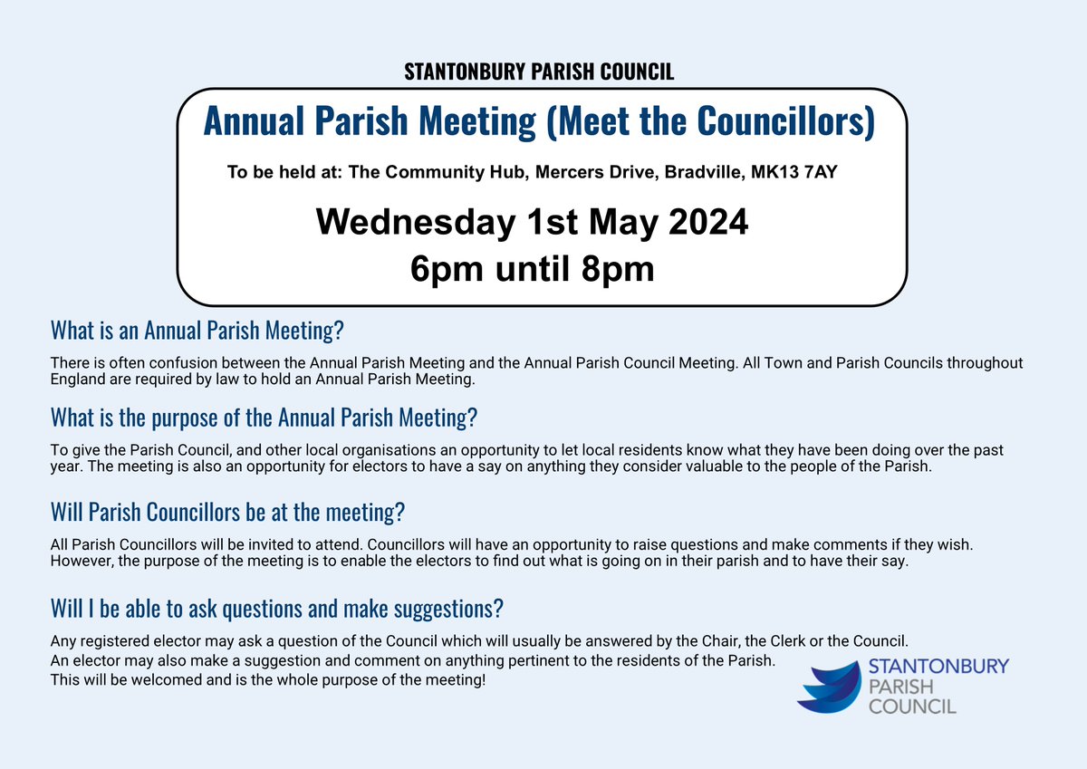 All Parish residents are warmly invited to the Annual Parish Meeting of Stantonbury Parish Council to Meet the Councillors. Our Environmental and Enforcement Officer Dave Barnes & Crimewave will also be attending. For more info: 01908 227201 info@stantonburyparishcouncil.org.uk.
