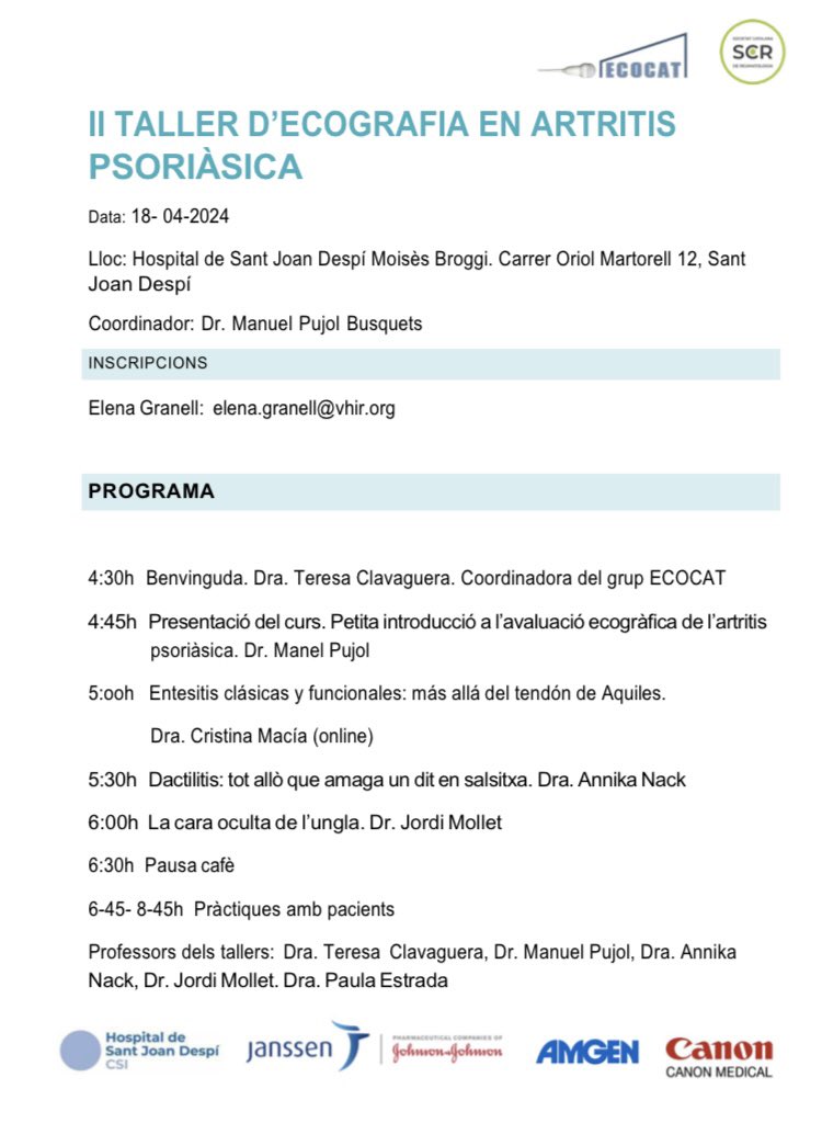 ReumatologiaMT's tweet photo. El nostre company reumatòleg, el
Dr. Manel Pujol, va coordinar i participar ahir en el ll Taller d’Ecografia en Artritis Psoriàsica, patologia en la que és un expert. En el curs van col.laborar altres membres del grup Ecocat de la @SCReuma , i va resultar un éxit. Enhorabona!! https://t.co/25nIzMSOIX