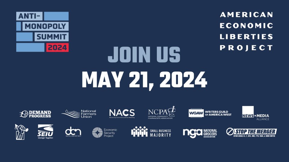 The second annual Anti-Monopoly Summit is May 21st in DC. As we head into a crucial year, join us as we take stock of our movement’s progress, celebrate wins, strategize what’s next, and engage with enforcers and senior policymakers. Get tickets.👇 tickettailor.com/events/america…