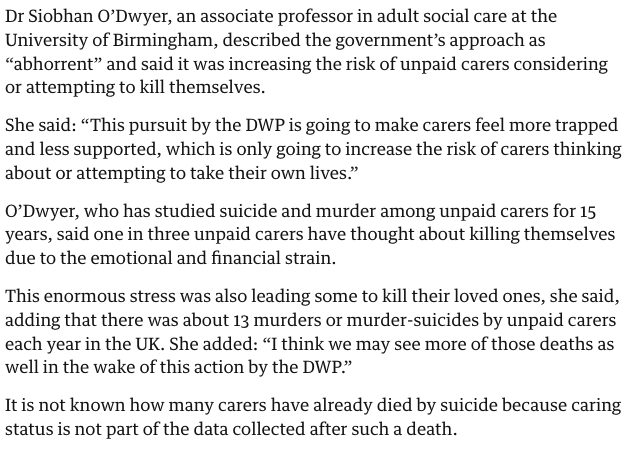 NEW on Carer's Allowance: Unpaid carers describe 'avalanche of utter stress' caused by DWP, leaving some 'traumatised' and suffering depression and anxiety. Expert @Siobhan_ODwyer says DWP's 'abhorrent' approach is increasing risk of suicides. theguardian.com/society/2024/a…