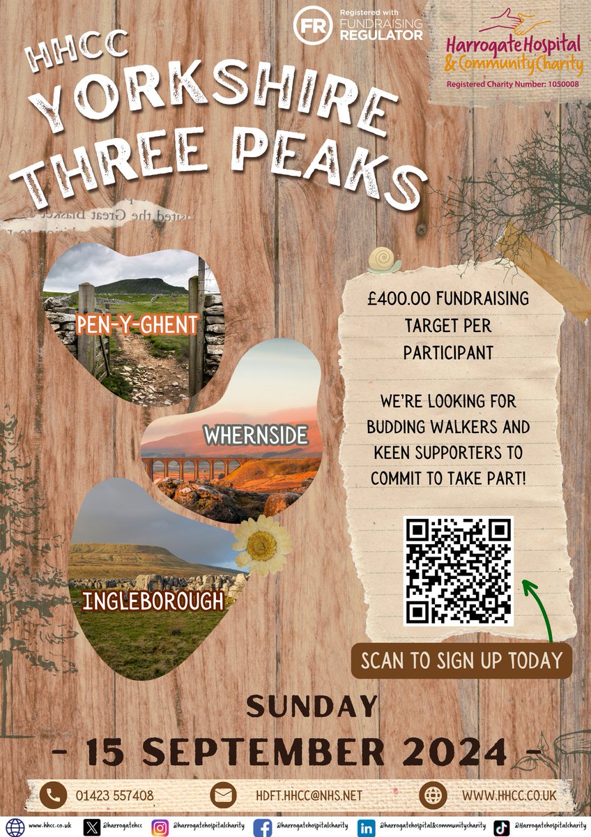 Join HHCC in taking on the Yorkshire Three Peaks Challenge on Sunday 15 September 2024. Take on the 24 mile walk through the idyllic Yorkshire Dales, summiting the peaks of Pen-y-ghent, Whernside and Ingleborough, in under 12-hours. Click here to sign up- hhcc.co.uk/events/yorkshi…