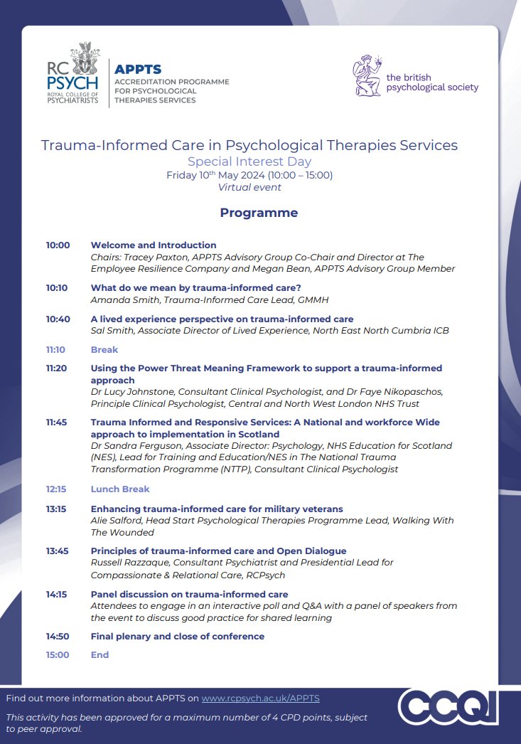 Full programme now available for our #APPTS event on trauma-informed care! A fantastic line up of speakers and topics 

10th May, Online - bookings: rcpsych.ac.uk/improving-care…