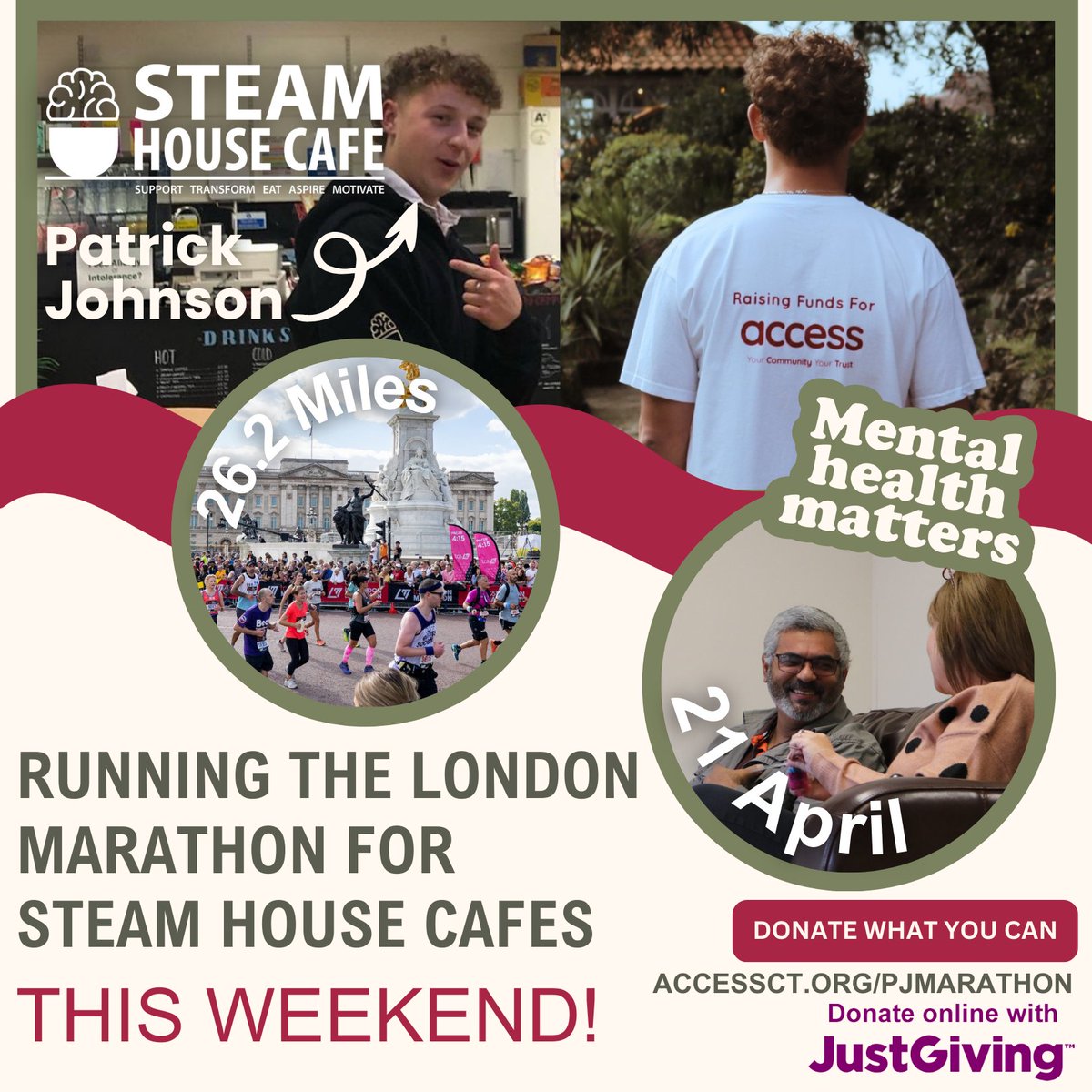 Patch is running the @LondonMarathon this weekend for our STEAM House Cafes across #Suffolk & #Norfolk🏃 Fundraising to support our vital support services across high streets in our region 🧠 You can support the cause on @JustGiving - accessct.org/pjmarathon