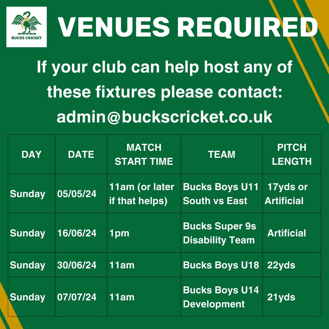 BUCKS CLUBS: Please let us know if you can host any of these remaining fixtures. Thank you to all the clubs that have offered their grounds so far. 🦢🏏 #BucksCricket