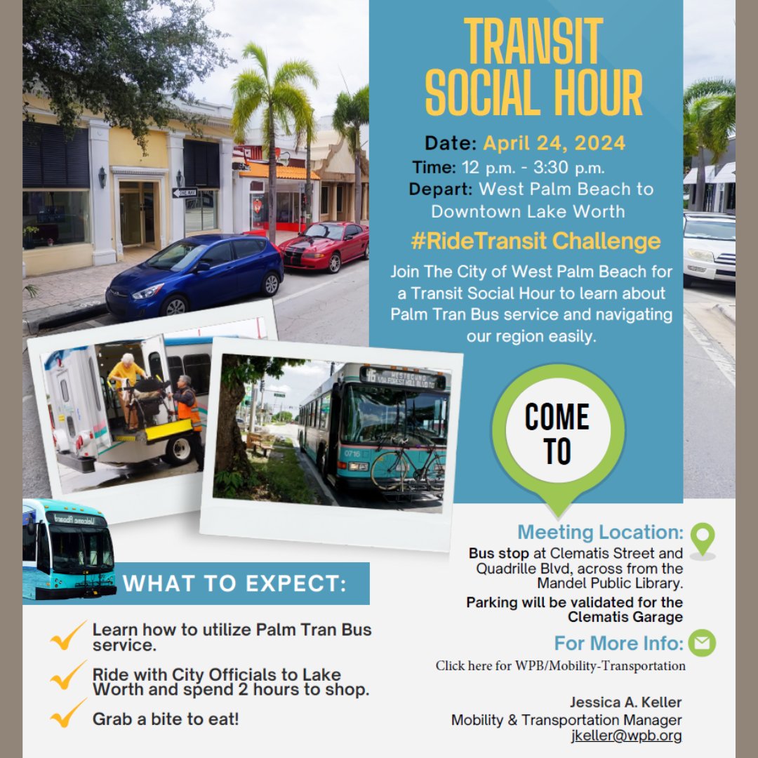 🚌🌴 Don't miss our Transit Social event in West Palm Beach next Wednesday, April 24th! Learn bus basics and explore Downtown Lake Worth. Sign up, download the Paradise Pass, and get $5 added! 🎉 bit.ly/3xP3LSm #TransitSocial #WestPalmBeach #ExploreLocal 🚌✨