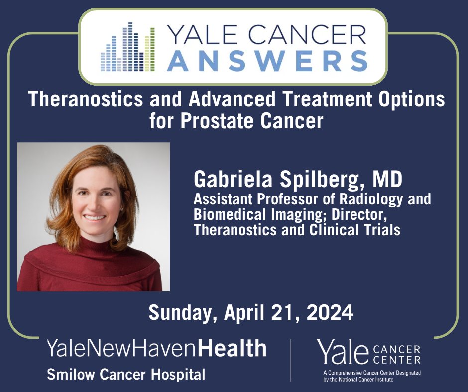 Tonight at 7:30pm on Yale Cancer Answers, Dr. Gabriela Spilberg <a href="/GabiSpil/">Gabriela Spilberg, MD</a> will discuss #theranostics and advanced treatment options for #prostatecancer. Listen live on <a href="/wnpr/">Connecticut Public</a>, download <a href="/iTunes/">iTunes</a>, or watch <a href="/YouTube/">YouTube</a>. <a href="/SmilowCancer/">Smilow Cancer Hospital</a> <a href="/YaleMed/">Yale School of Medicine</a> <a href="/YNHH/">Yale New Haven Hosp</a> <a href="/YaleRadiology/">Yale Department of Radiology & Biomedical Imaging</a>