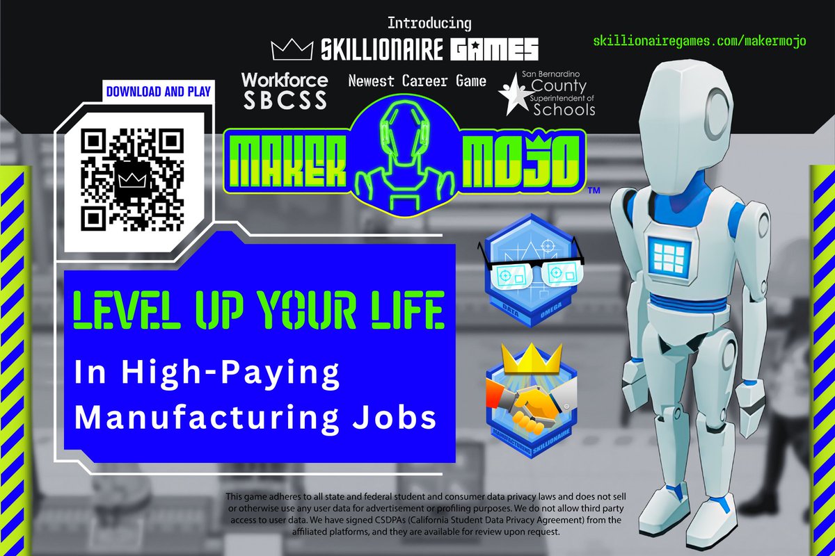 📢Check out the newest #career #education app #MakerMojo where players learn in demand skills & about #manufacturing careers in the #InlandEmpire Find it👉 @AppStoreGames & @GooglePlay or on the web 👉skillionairegames.com/makermojo @CaliforniaCTE @CRYROP @skillsgapp @CHSJackets_