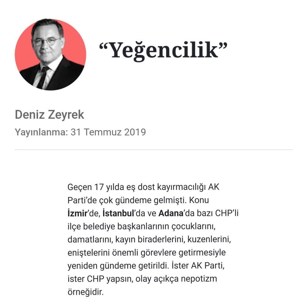 Bu yazıyı yazan adamın kardeşi Ediz Zeyrek, CHP'li Kadıköy Belediye'sine torpille Belediye Başkan Yardımcısı olarak atandı. :D
