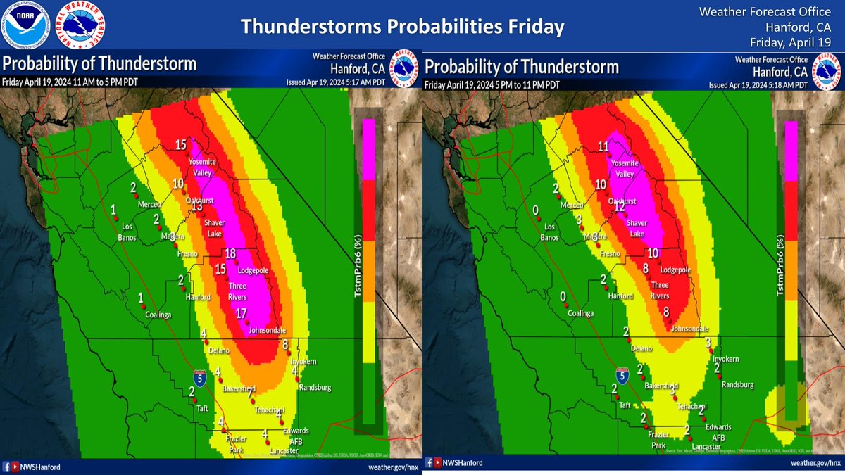 Fri, 4/19/24 @ 7:41 AM PDT - Here are the latest #thunderstorm probabilities for this afternoon and evening for #cencal, with the best chances in the Sierra Nevada and adjacent foothills. #CAWx