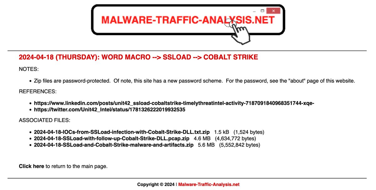 @Unit42_Intel A #pcap of the #SSLoad infection traffic leading to the #CobaltStrike DLL along with the associated malware/artifacts are available at malware-traffic-analysis.net/2024/04/18/ind…