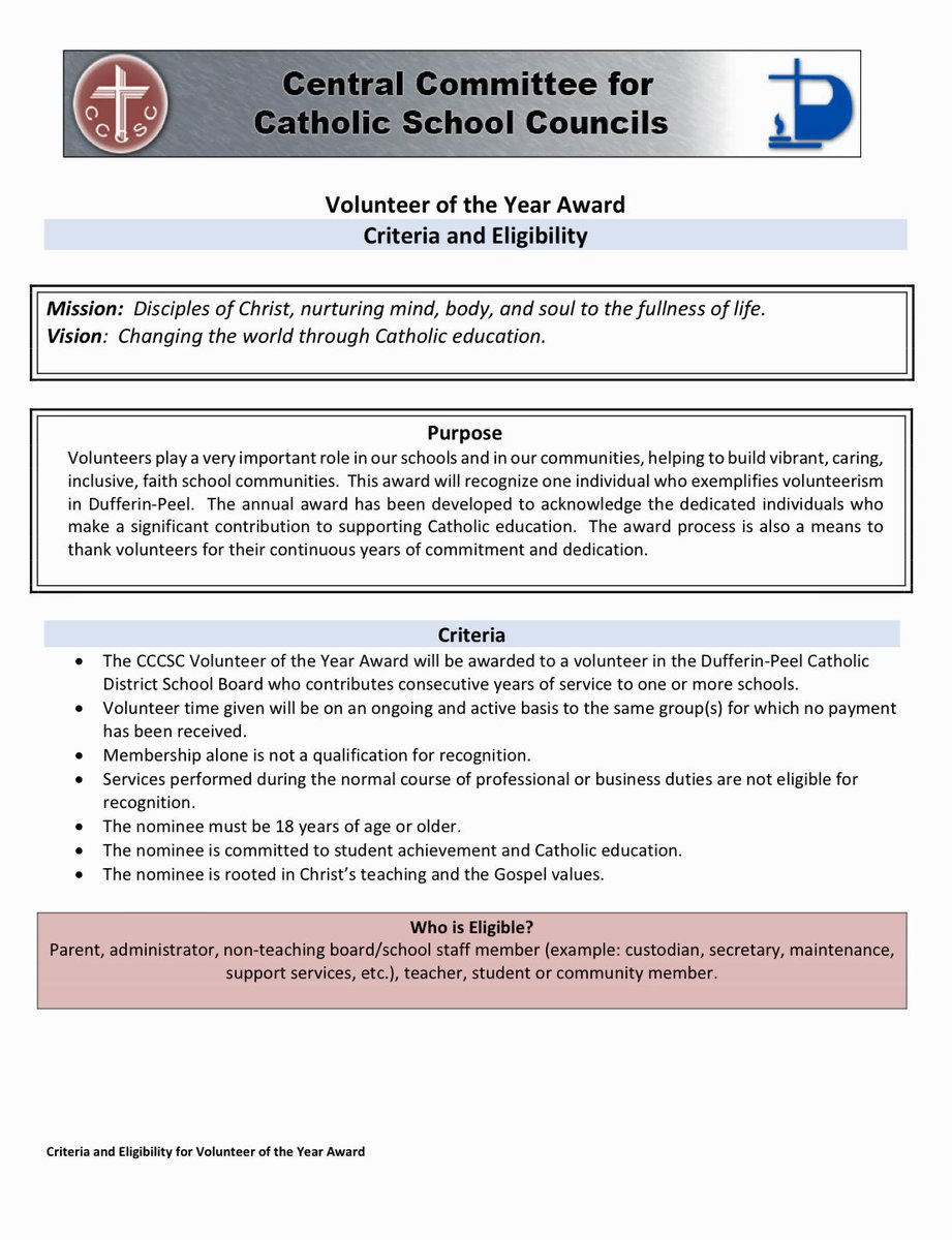 Volunteers are important, helping to create caring, inclusive and faith filled school communities! Nominations for the Volunteer of the Year Award @DPCDSBSchools close on May 1. All nominees for the award will be recognized and celebrated at the @CCCSC_DPCDSB Meeting on June 20.