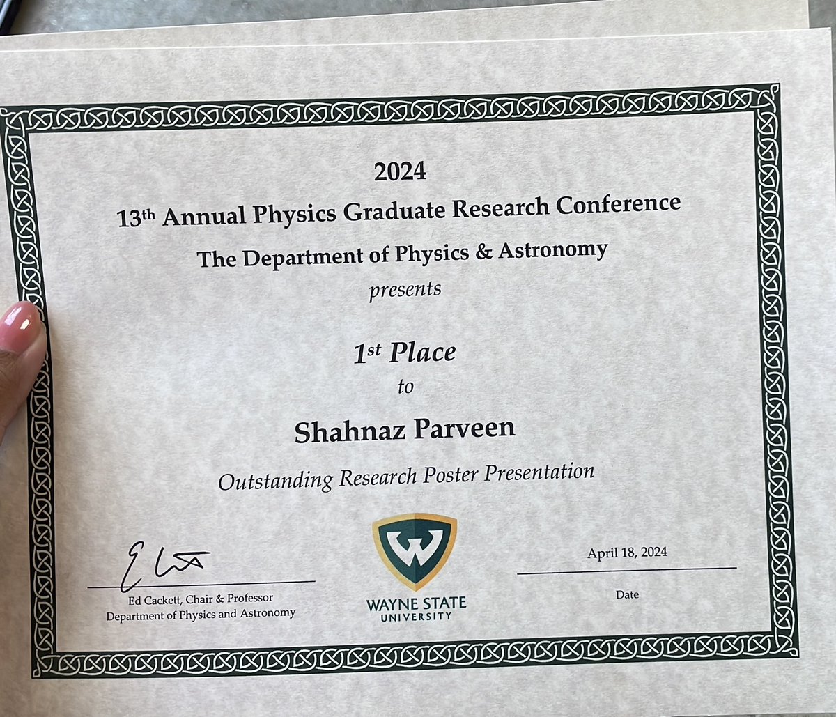 Shahnaz Parveen (@shahnaz_physics) on Twitter photo Such an amazing day at the Physics Grad Research event! ✨Presented my work at the poster session and thrilled to win first place! 🥇🧿 Huge thanks to <a href="/waynestatephys/">Wayne State Physics and Astronomy</a> and my dear friends and colleagues for organizing the event. Congrats to all for a day of growth and knowledge! Such an amazing day at the Physics Grad Research event! ✨Presented my work at the poster session and thrilled to win first place! 🥇🧿 Huge thanks to <a href="/waynestatephys/">Wayne State Physics and Astronomy</a> and my dear friends and colleagues for organizing the event. Congrats to all for a day of growth and knowledge!