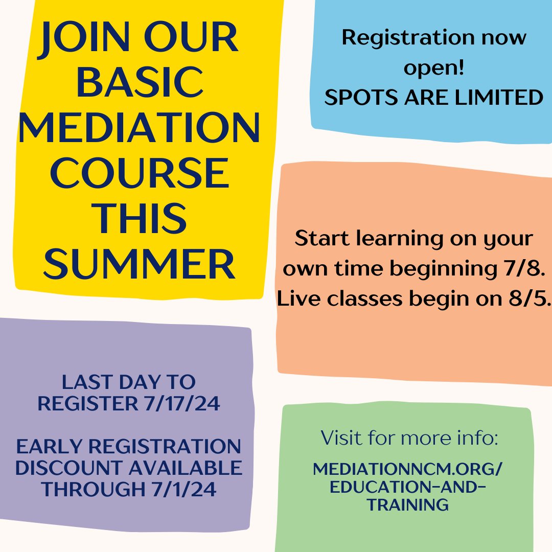 talkitoutMA's tweet photo. Registration is open for our basic mediation course taking place this summer. This year we have a different format. For dates and details check out our website: https://t.co/50n6CdNxSR. Registration form also available on this page. Any questions email: info@mediationncm.org https://t.co/PFNlSq7Hvg