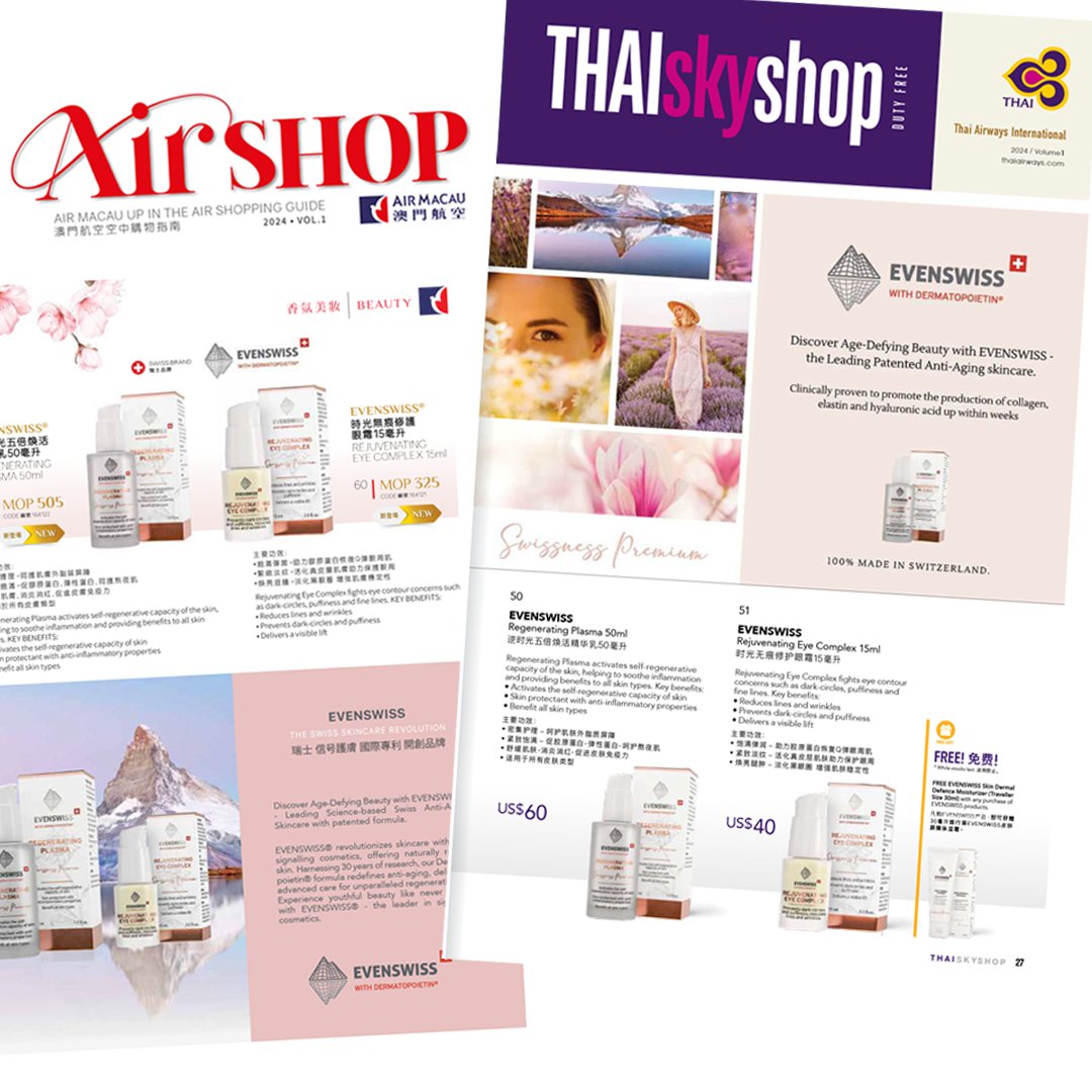 We are proud and happy to announce our newest collaborations - EVENSWISS is now available on Thai Airways & Air Macau flights! ✈️ @thaiairway @airmacau
#evenswiss #dutyfree #thaiairways #airmacau #skincareproducts #swissness #swisstechnology  #dermatopoietin #antiaging #fly
