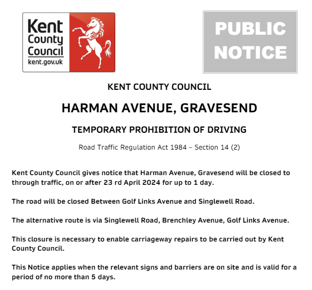 Gravesend, Harman Avenue: Road closed 23rd April for 1 day to allow for @KentHighways carriageway repair works: moorl.uk/?6gyb1p