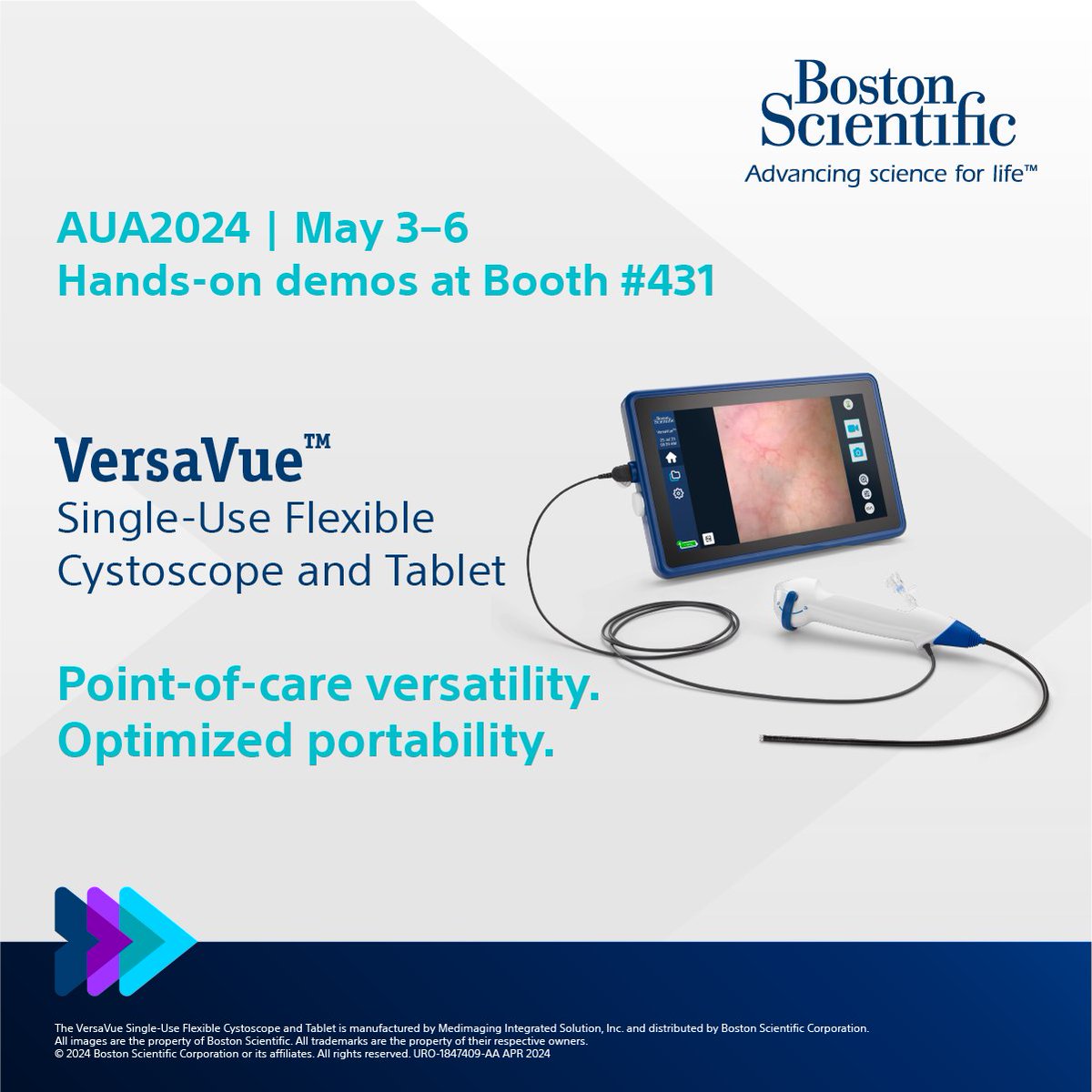 Be among the first to check out VersaVue at #AUA24! Get a demo of this single-use flexible cystoscope and tablet in Booth 431. See you there! bit.ly/3xGl3RM