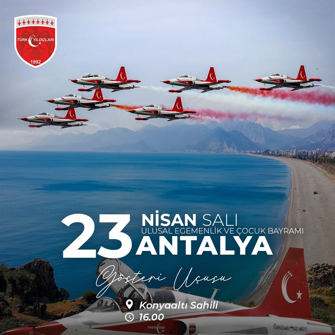 Hazır mıyız Antalya...! 23 Nisan Ulusal Egemenlik ve Çocuk Bayramımızı hep beraber gökyüzünde kutlayalım. Gösteri uçuşumuz 23 Nisan Salı Saat:16.00'da Konyaaltı Sahilinde gerçekleşecektir. Tüm halkımız davetlidir. #başlıyoruz