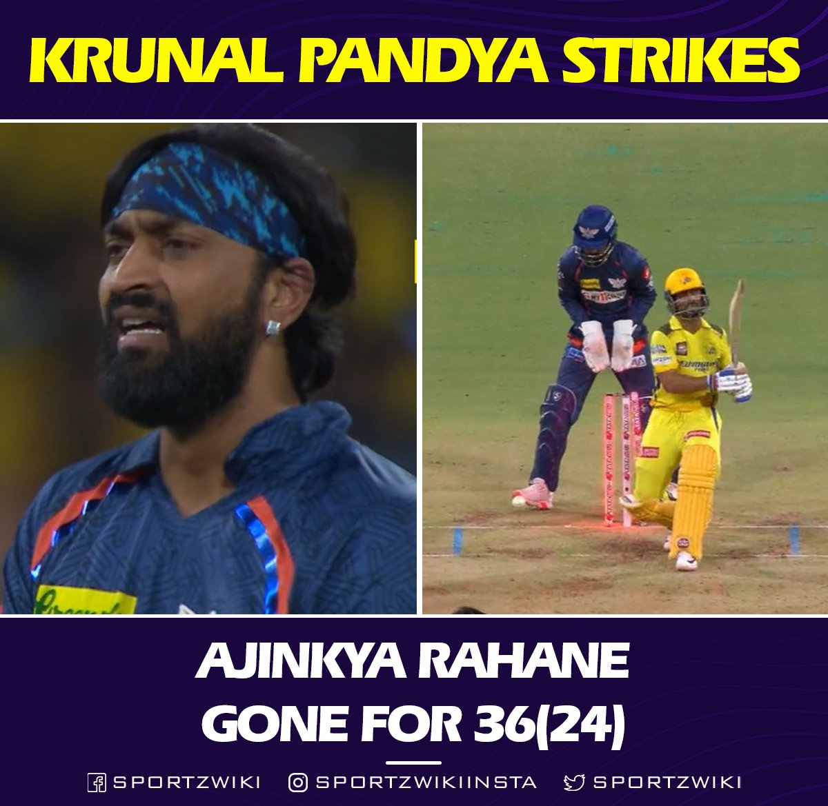 Krunal Pandya dismisses Ajinkya Rahane for 3⃣6⃣

#IPL2024 #LSGvsCSK #KrunalPandya #AjinkyaRahane