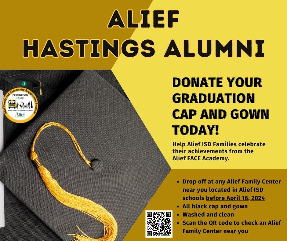 Hello! We are looking for all black cap and gowns to celebrate the graduation of our Alief FACE Academy graduates. Please share with a Hastings Alumni you know.