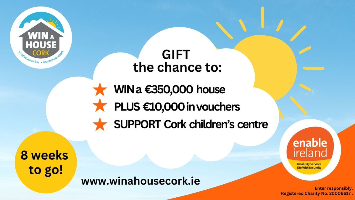 8 weeks to go to our @WinAHouseCork Draw on Friday 14th June. See www.winahousecork to be in with a chance to win a €350,000 3 bed house + €5,000 voucher sponsored by @RightPriceTile + €5,000 voucher sponsored by @EZLivingInt In support of our Cork children's centre #AreYouIn?