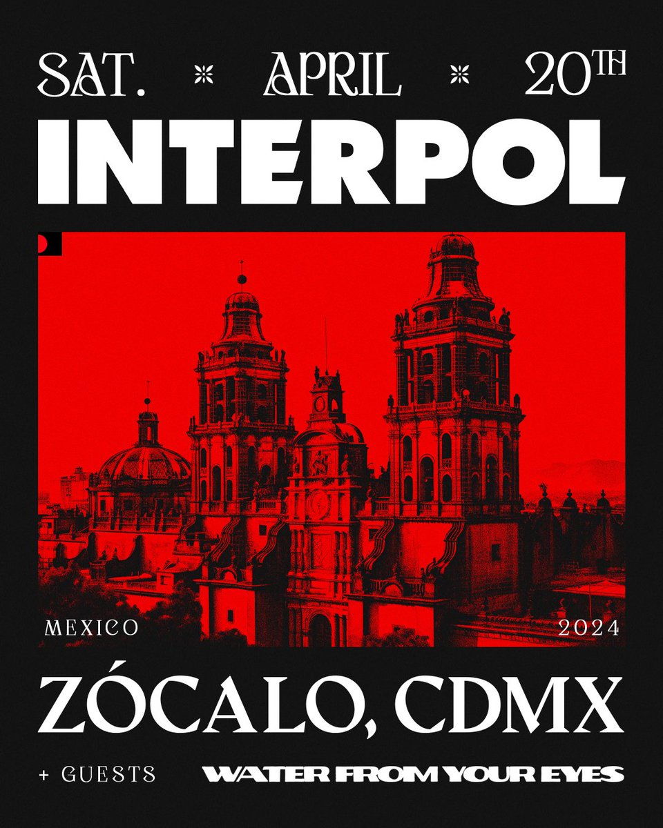 Faltan 24 horas, Zócalo! 🇲🇽🖤
Los horarios son los siguientes:

7PM - @waterfromyreyes 
8PM - Interpol

No podemos esperar para vivir esto con todos ustedes. Nos vemos pronto!