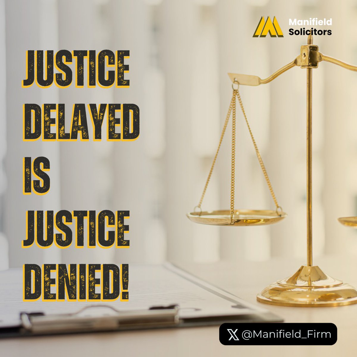 Justice delayed is justice denied! Manifield Solicitors is committed to ensuring timely and effective legal solutions. We're interested in hearing your thoughts on the importance of timely justice. Share your insights below. 

#JusticeMatters #LegalRights #ManifieldSolicitors