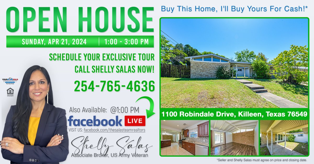 OPEN HOUSE
1100 Robindale Drive, Killeen, TX 76549
Sunday, April 21st, 2024
1-3PM CST