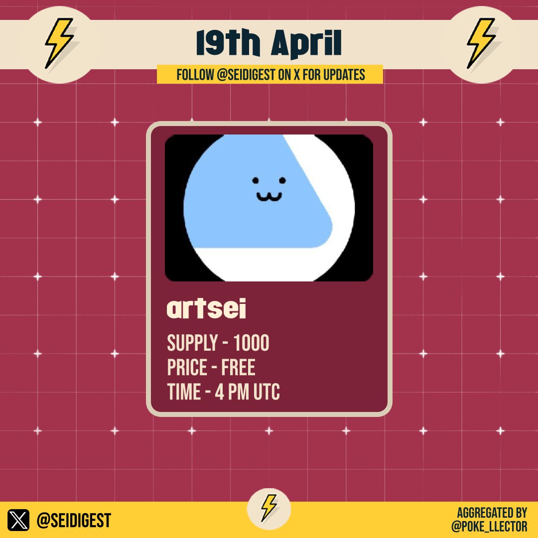 SeiDigest's tweet photo. 19th April Mints on @SeiNetwork⚡️

@artseixyz   
1000
16:00 UTC
Free Mint
 
Aggregated by @Poke_llector

#SeiDigest #SeiMintsToday https://t.co/lX9dMLl891