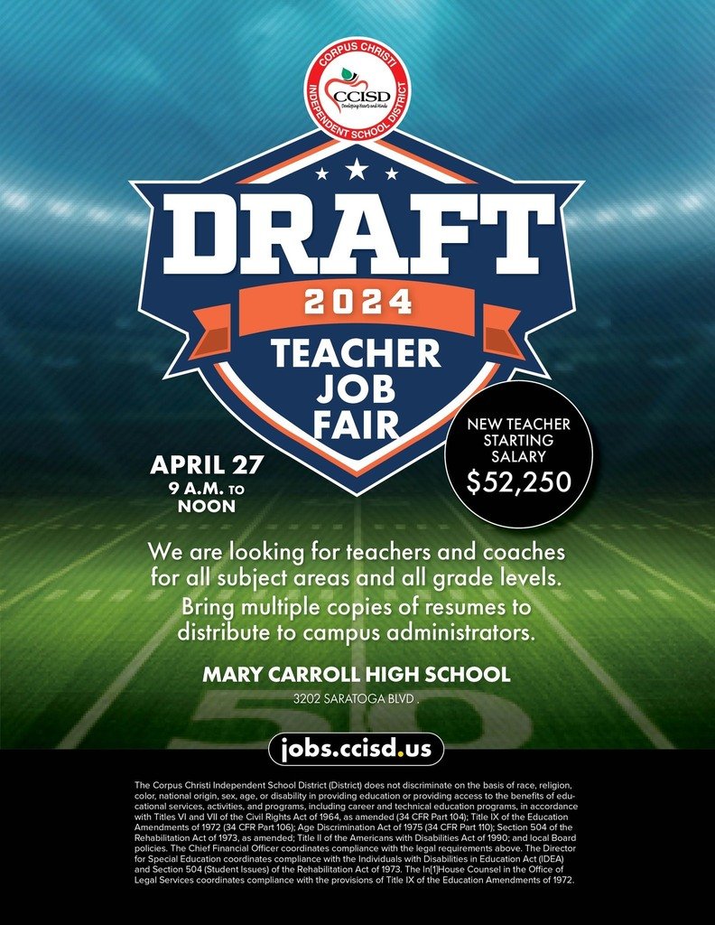 Join #TeamCCISD! 🍎 Stop by our Teacher Job Fair on April 27 at Carroll High School. We are looking for teachers and coaches for all subject areas and all grade levels. 📚 💻For more information about CCISD, visit our website, ccisd.us.