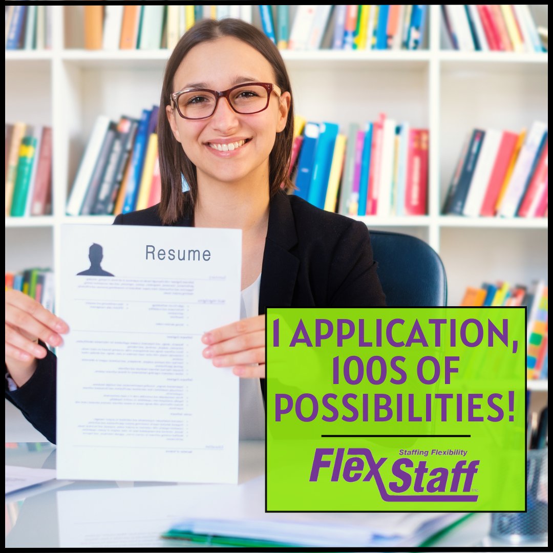 flexstaff's tweet image. One application can lead to hundreds of possibilities! Here at Flex Staff we have multiple opportunities that are waiting for candidates just like you. 🌟

Visit flexstaff.com to fill out your application today!

#oneapplication #possibilities #opportunities