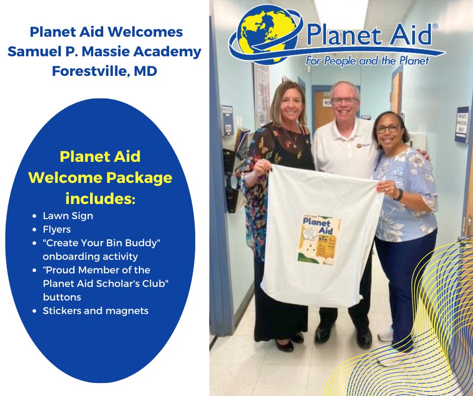 Another day, another #PlanetAid welcome package delivered. Our National Customer Service Manager, Larry Griffin, delivered the package to Samuel P. Massie Academy @SPMA_PGCPS in Forestville, MD. (Pictured with Principal Brandi Smith and Assistant Principal Dr. Sharon Hill.)