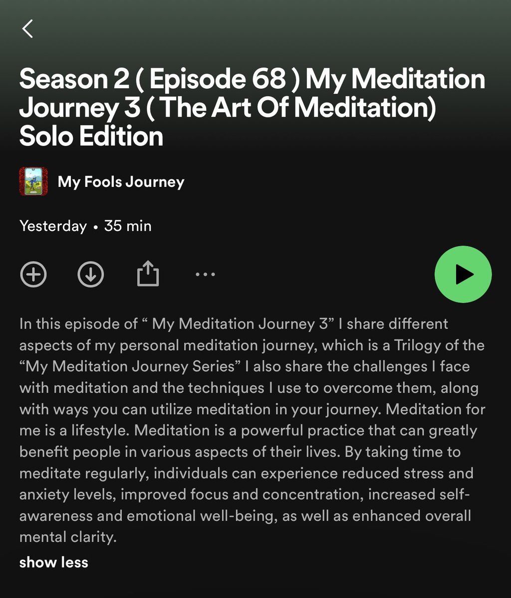 New Episode Out Now 

Episode 68 

“My Meditation Journey 3 “ 
“ The Art Of Meditation “

Listen & Stream “MyFoolsJourney “ On
 👇🏽👇🏽👇🏽

myfoolsjourney.lnk.to/listen

AudioPodcast Players 👇🏽👇🏽👇🏽

SpotifyPodcast,applepodcasts, Amazonpodcast,