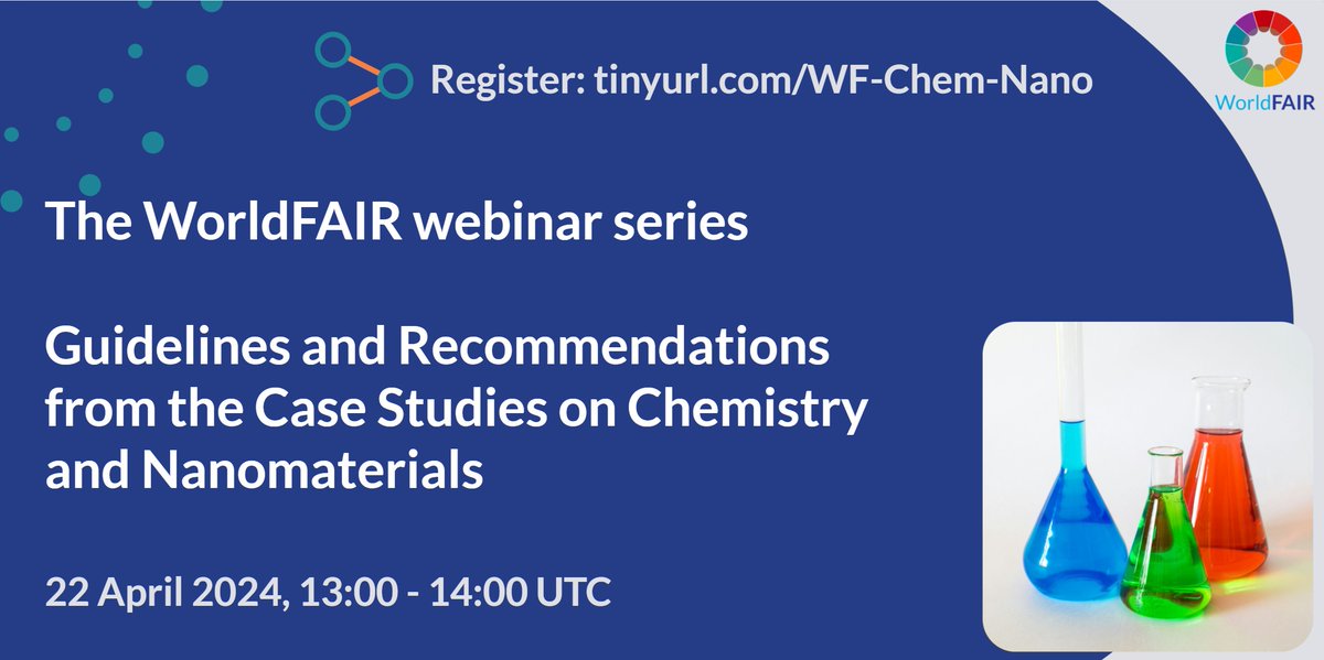 Next up on the #WorldFAIR webinar series: Updates from #Chemistry & #Nanomaterials. Join us on 22/4, 13:00 UTC for a series of presentations from Stuart Chalk, Evan Bolton & Iseult Lynch on the latest guidelines, recommendations & tools tinyurl.com/WF-Chem-Nano #FAIRdata
