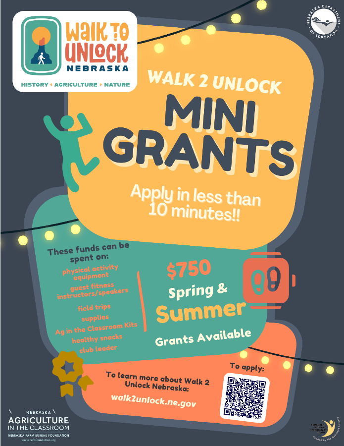 Walk to Unlock Nebraska Mini Grants now available! All Nebraska classrooms, clubs or organizations that service students K-8th grade are eligible. Apply here: docs.google.com/forms/d/e/1FAI…