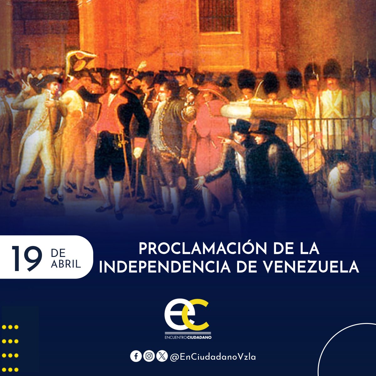 El #19Abr de 1810 se proclamó la independencia de Venezuela, proceso por el cual nuestros próceres batallaron, para alcanzar definitivamente la libertad.
214 años después, los venezolanos seguimos luchando unidos, para lograr acabar con la tiranía por la libertad y la democracia.