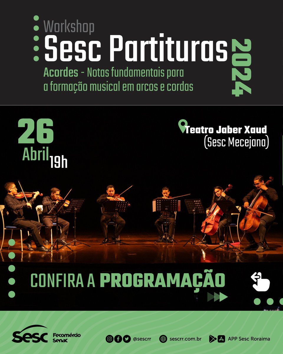 sescrr's tweet photo. Quem aí já estava com saudades? A primeira programação do 𝑺𝒆𝒔𝒄 𝑷𝒂𝒓𝒕𝒊𝒕𝒖𝒓𝒂𝒔 em 2024 tá com data marcada e esperamos você para participar dessa imersão musical. 🎼

Acesse https://t.co/tXd58Npecd e conheça mais sobre o projeto! 😉

#SescRR #Partituras #Cultura https://t.co/JiViGOXNaR