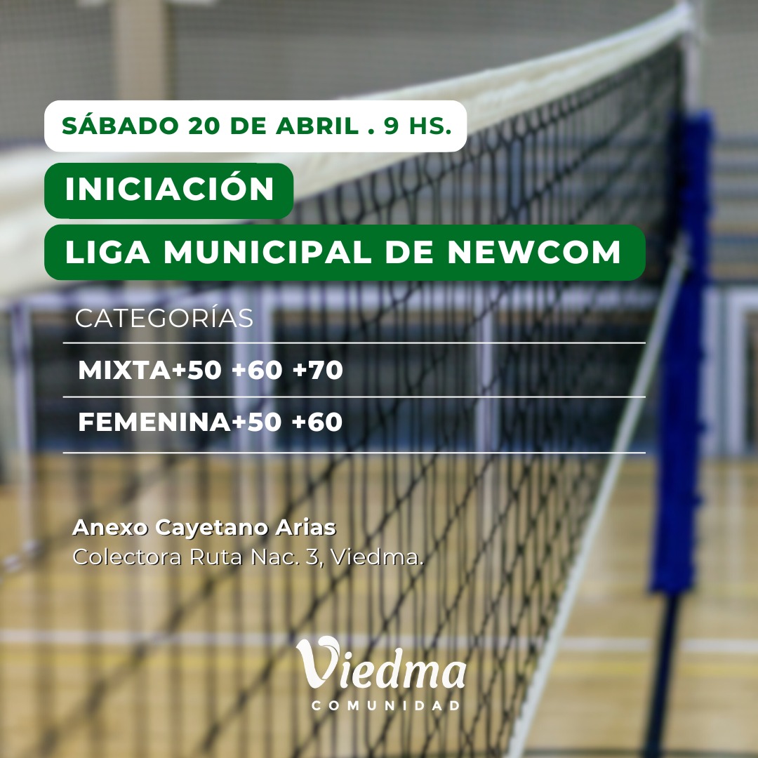 SE LARGA EL NEWCOM
El sábado 20 y domingo 21 de abril se larga la Liga de Newcom, en el Anexo del Cayetano Arias. Participan categorías: mixto +50, mixto +60, mixto +70. También categorías femenino +50 y +60. 
Más información en viedma.gob.ar/?p=23790&previ… 
#ViedmaComunidad