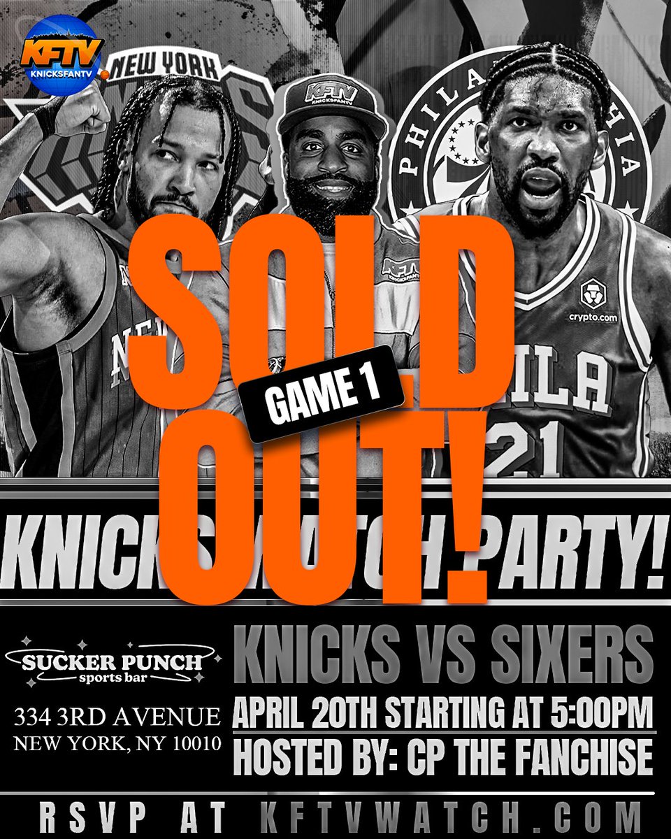 NYC Knicks fans: Online, advanced ticket sales for Game 1 are sold out. A limited number of tickets are available at the door. You can also, purchase a table to guarantee entry if you do not have a ticket! Game 1 watch table - bit.ly/4cWftuC