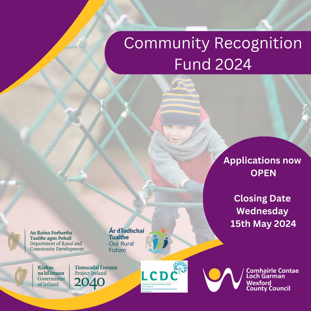 We are pleased to announce the launch of the application process for the Community Recognition Fund 2024. For more info & to apply online go to: bit.ly/3U8Yflh DATE for receipt of completed applications is Wednesday 15th May 2024 #CRF #YourCouncil #Wexford