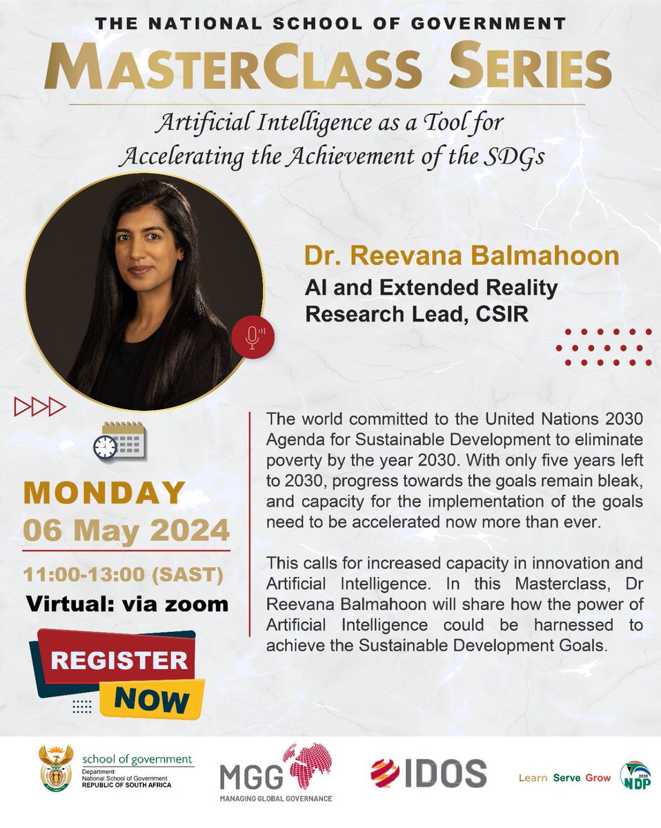 We are pleased to have @CSIR Dr. Reevana Balamahoon spearhead the conversations around using AI technologies to speed up the attainment of Sustainable Development Goals (SDGs). Register here: thensg-gov-za.zoom.us/webinar/regist… #SDGs #Agenda2030 #Masterclass #TheNSG