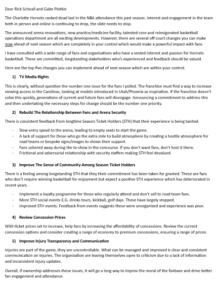 Dear Rick Schnall and Gabe Plotkin 

In this open letter I present the top 5 important off-court issues the Charlotte Hornets need to address to become the "Premier Franchise" you have outlined in your vision.