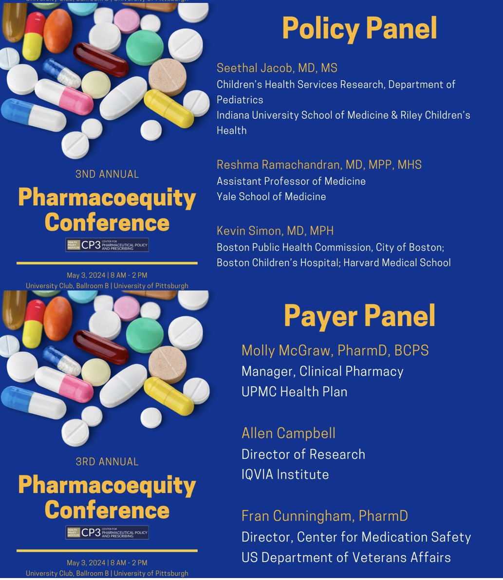 Hard to believe we’re only 2 weeks l away from #Pharmacoequity2024! 💊 Join us virtually or in-person in Pittsburgh on Friday, May 3rd for the latest on #Pharmacoequity research & policy. If you haven’t already, register today! And tell a friend! 👇🏾👇🏾 cp3.pitt.edu/events-0