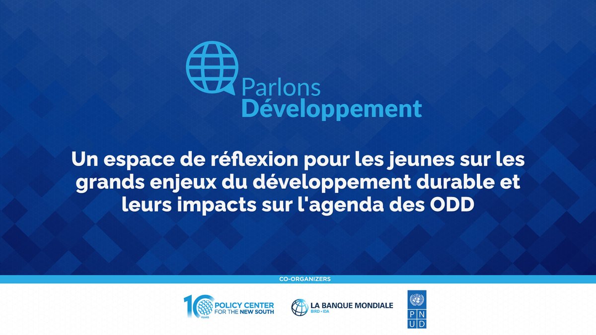 📍RDV le 23 avril à Fès pour la 15ème édition de #Parlonsdéveloppement qui ouvrira le débat sur l’#égalité des genres au #Maroc 🇲🇦 dans le cadre des #ODD.
En partenariat avec @PNUDMaroc @WorldBankMENA & FSJES de Fès. 
🔗rb.gy/ayqv5i