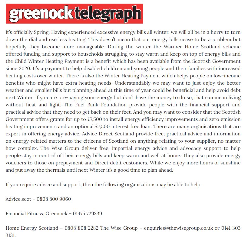 My column from today's @greenocktele talks about the help available for people struggling with their energy bills. Please reach out to the organisations if you require advice & support! You can read my columns on my website.⬇️ ronniecowan.com/category/tele-…